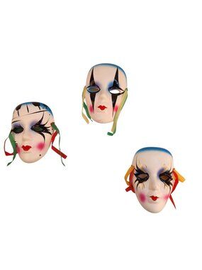 Ceramic Venetian Mardi Gras Wall Masks With Ribbon Accents Set Of 3